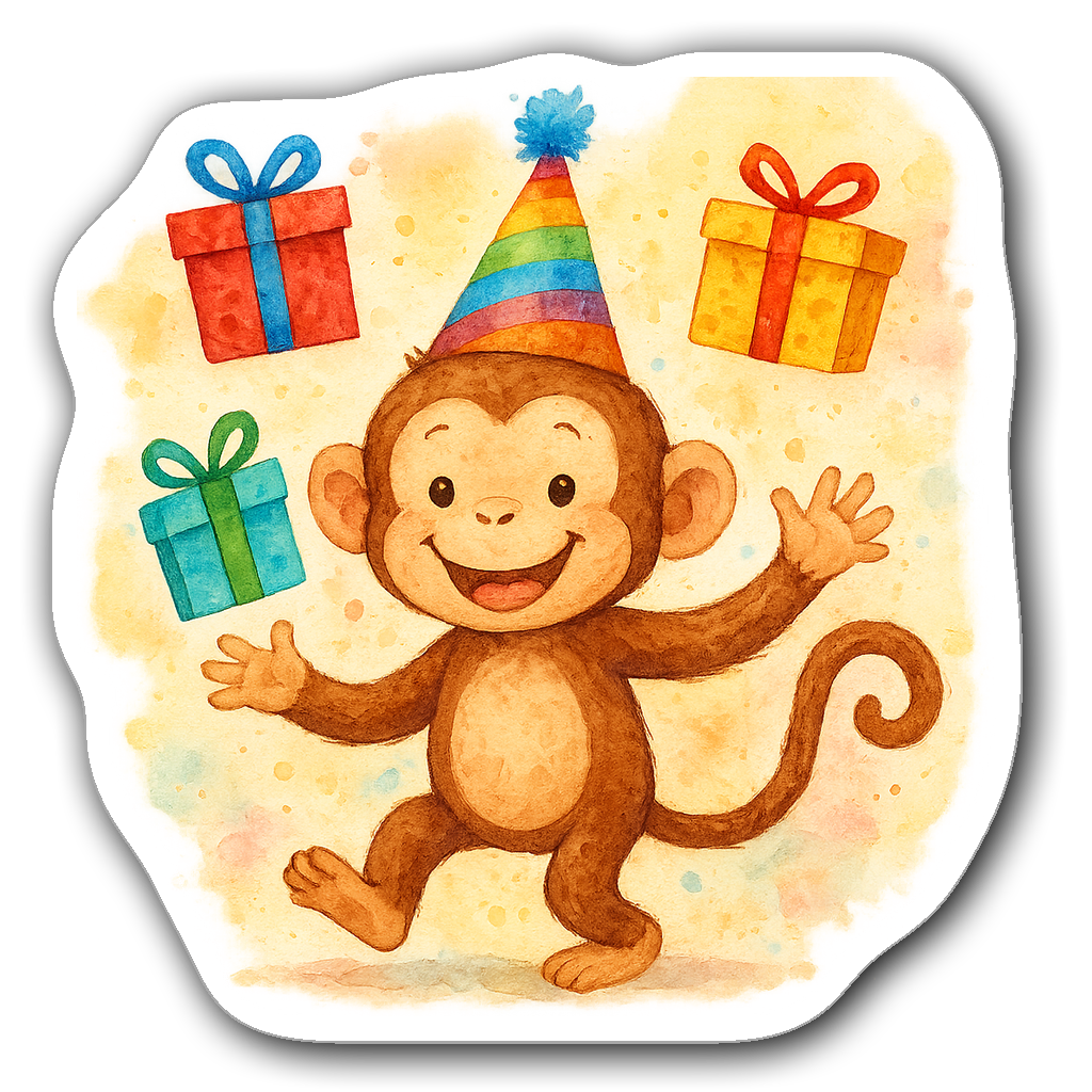 A cute, smiling monkey in a birthday hat juggling presents