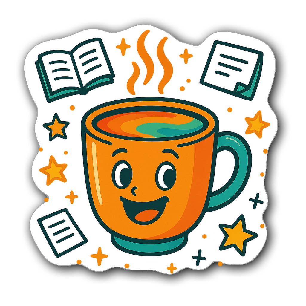 Animated coffee cup sticker with smile and colorful decor