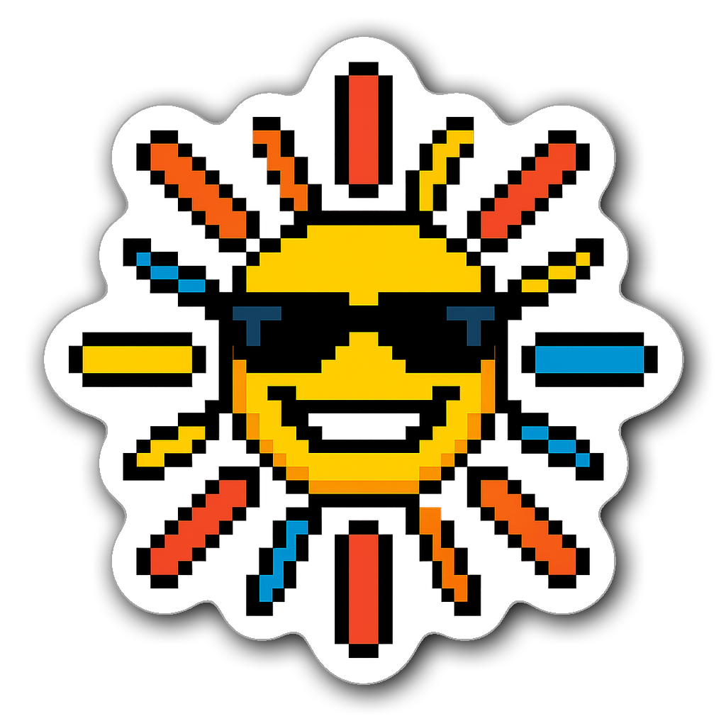 8-bit pixel art sun sticker with sunglasses and colorful rays