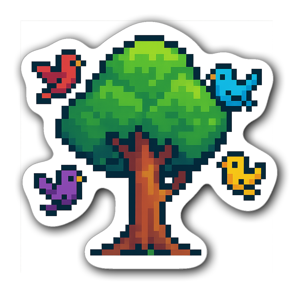 Pixel art tree surrounded by birds in vibrant colors