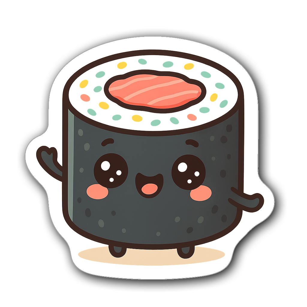 Kawaii sushi roll sticker with big eyes and colorful details