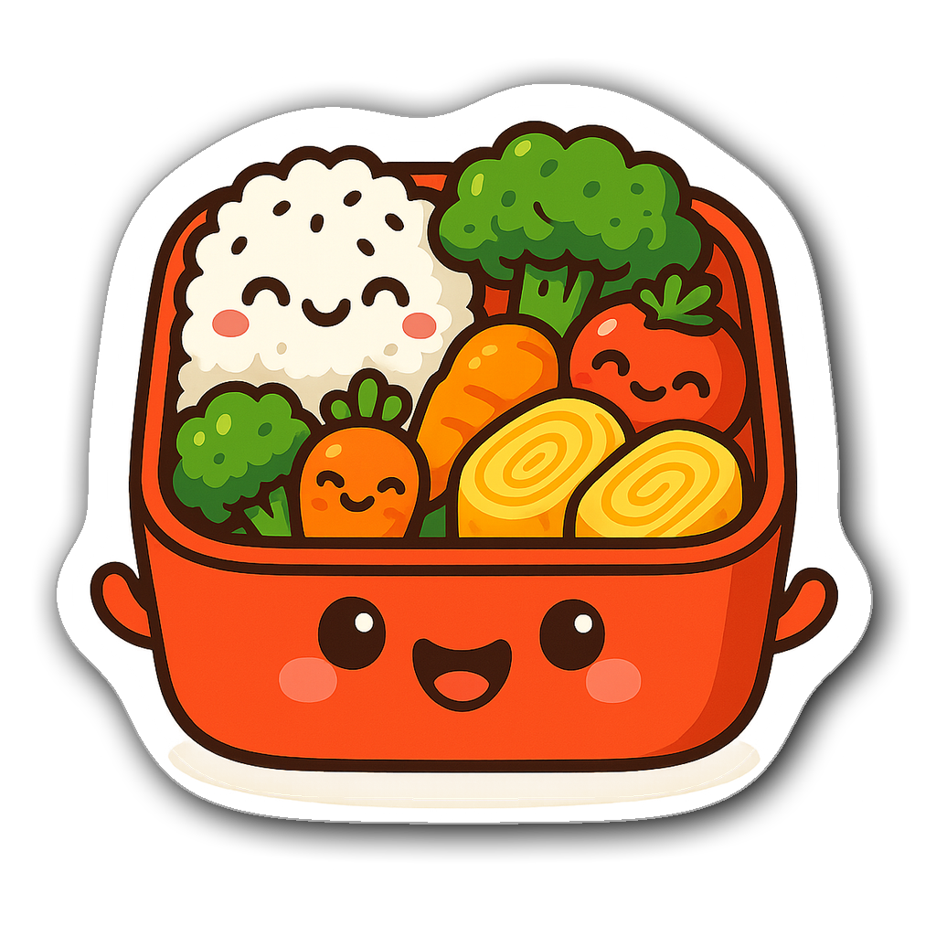 Kawaii bento box overflowing with colorful food and smiling face.