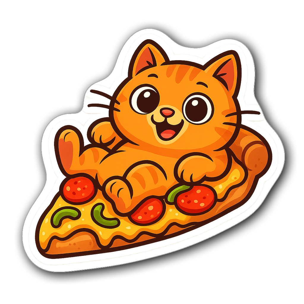 Cute orange cat lounging on a slice of pizza sticker