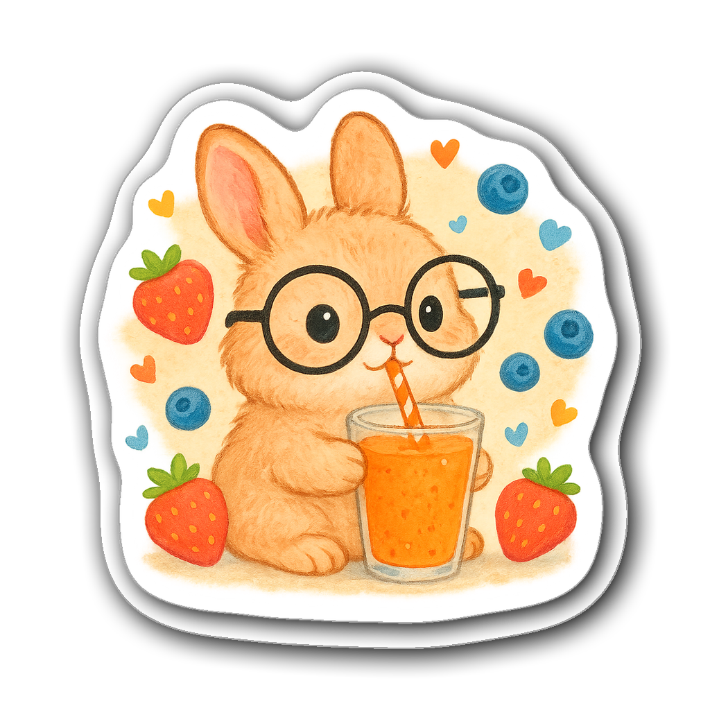Cute cartoon fluffy bunny in glasses with fruit elements