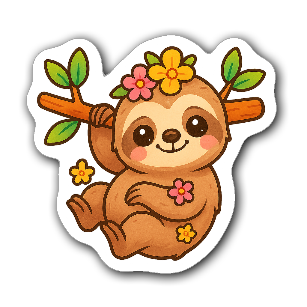 Cute baby sloth sticker with flowers and branch design