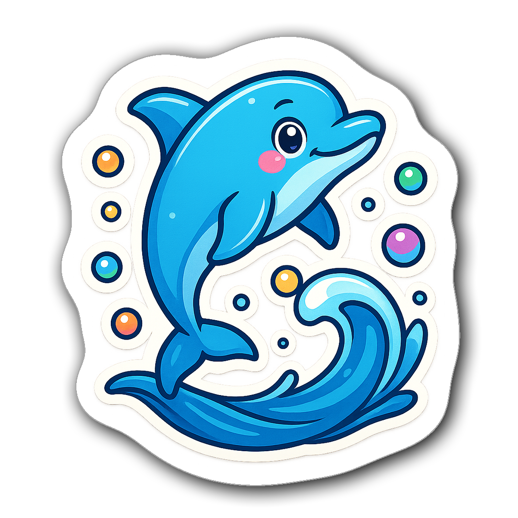 Playful blue dolphin sticker in comic book pop art style