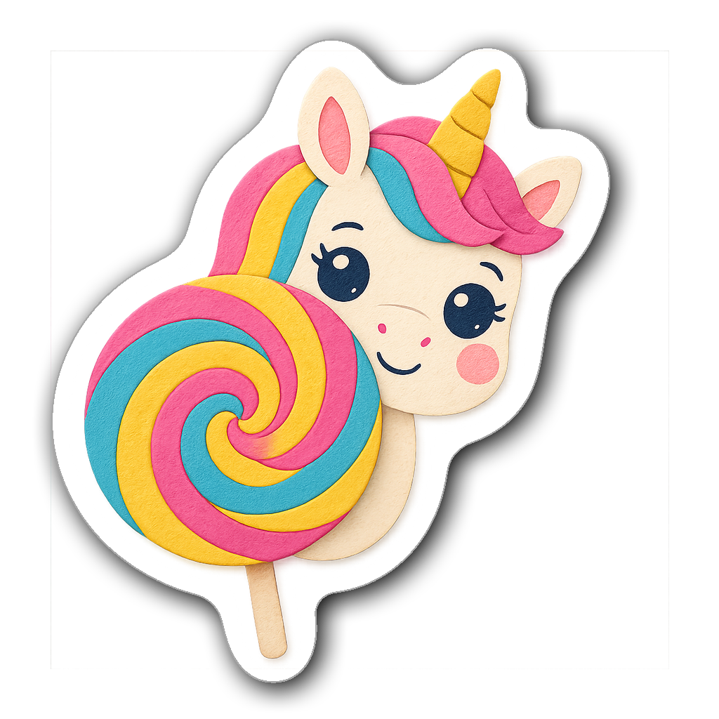 Kawaii unicorn head behind a rainbow lollipop sticker