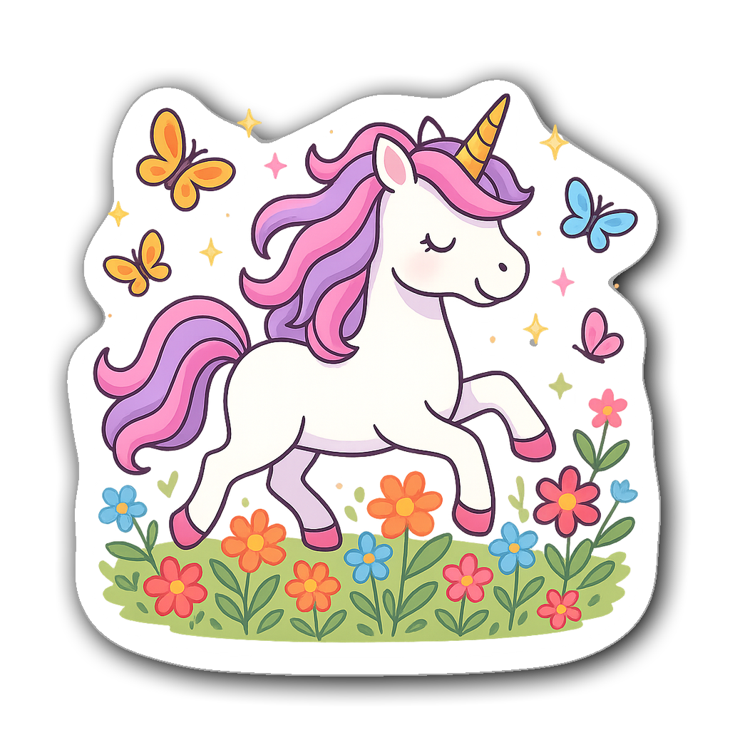 Adorable unicorn prancing among colorful flowers with butterflies