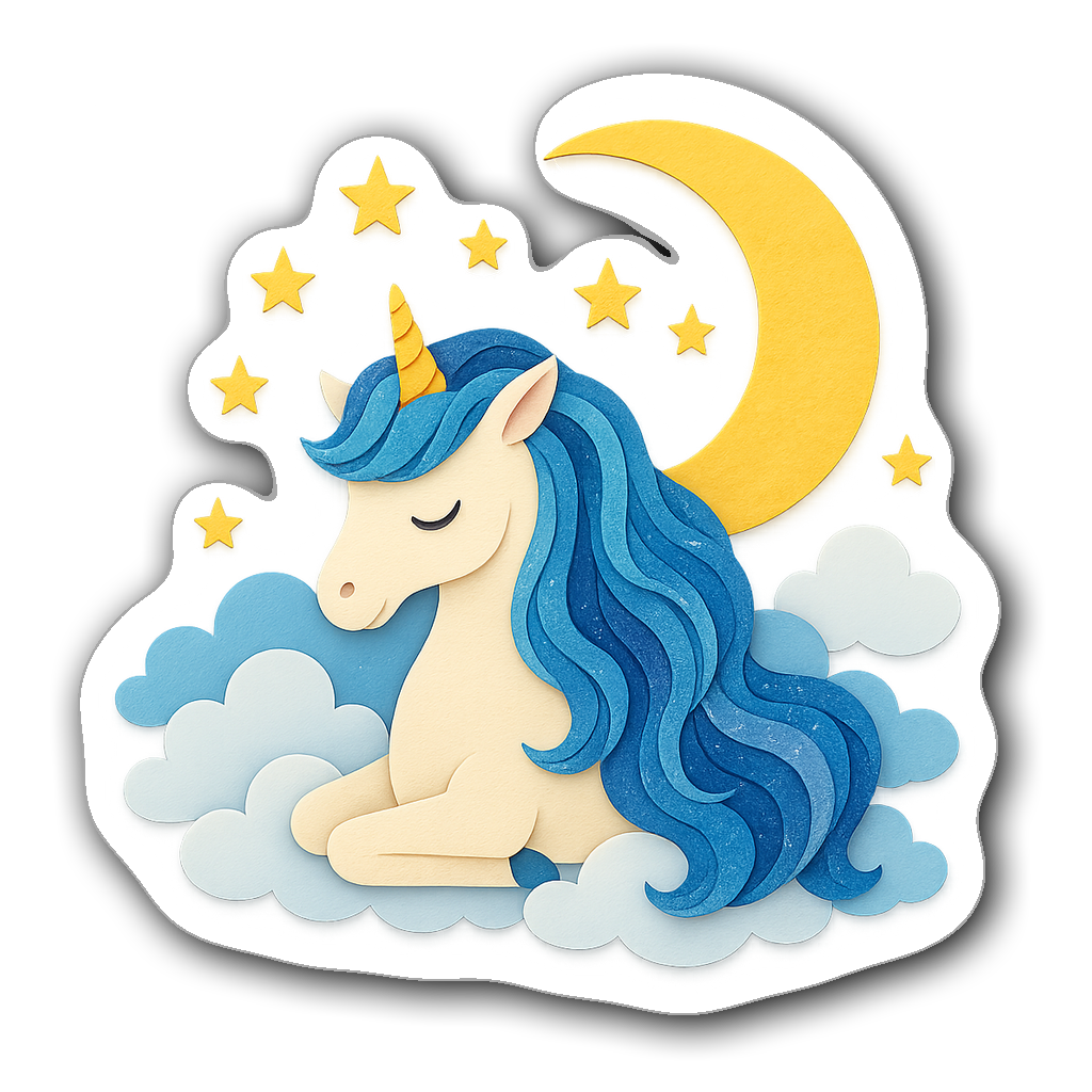 Dreamy unicorn under a crescent moon with stars and clouds
