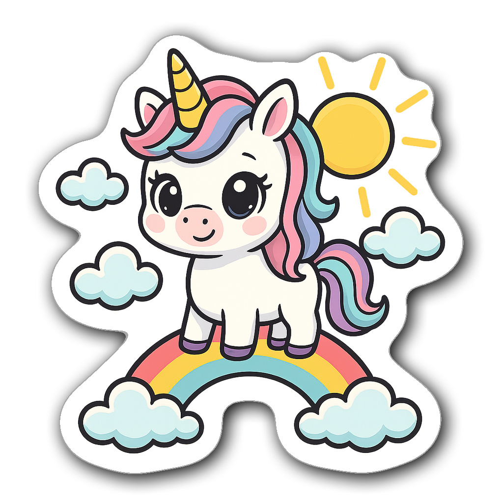 Chibi unicorn standing on a rainbow surrounded by clouds