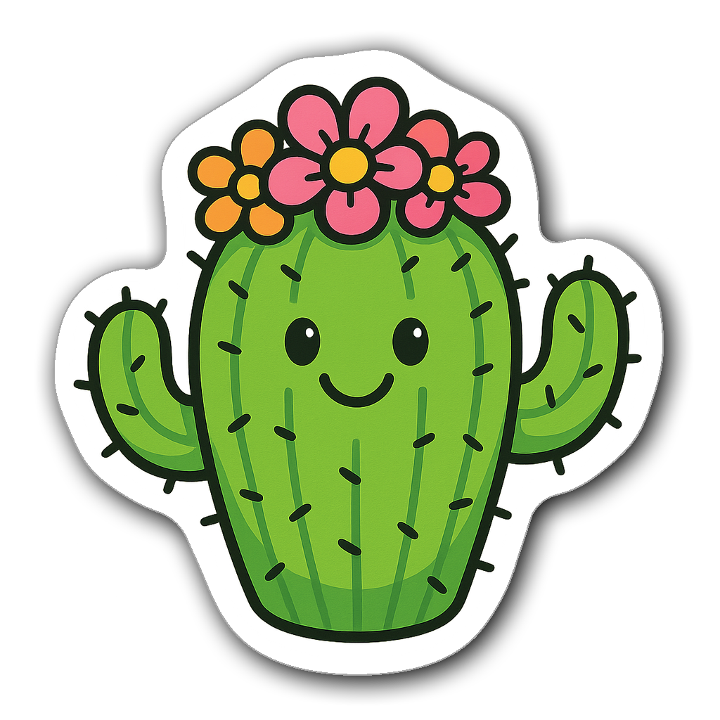A whimsical cactus character with flowers, smiling face and bright colors