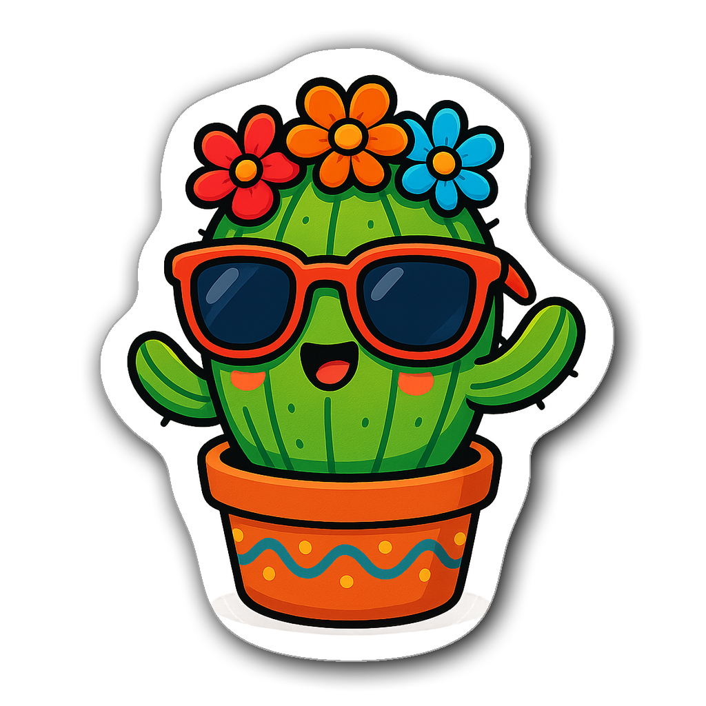 Kawaii chibi-style cactus wearing sunglasses, colorful flowers