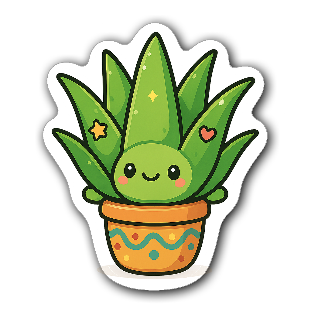 Kawaii chibi style aloe vera plant sticker with smile and stars