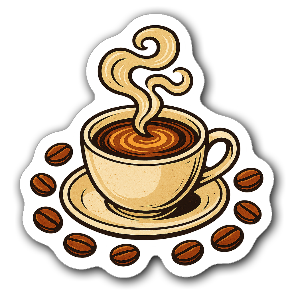 Steaming coffee cup sticker with floral patterns on transparent background