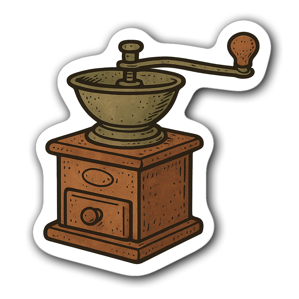 Quirky coffee grinder sticker in earthy colors with transparent background