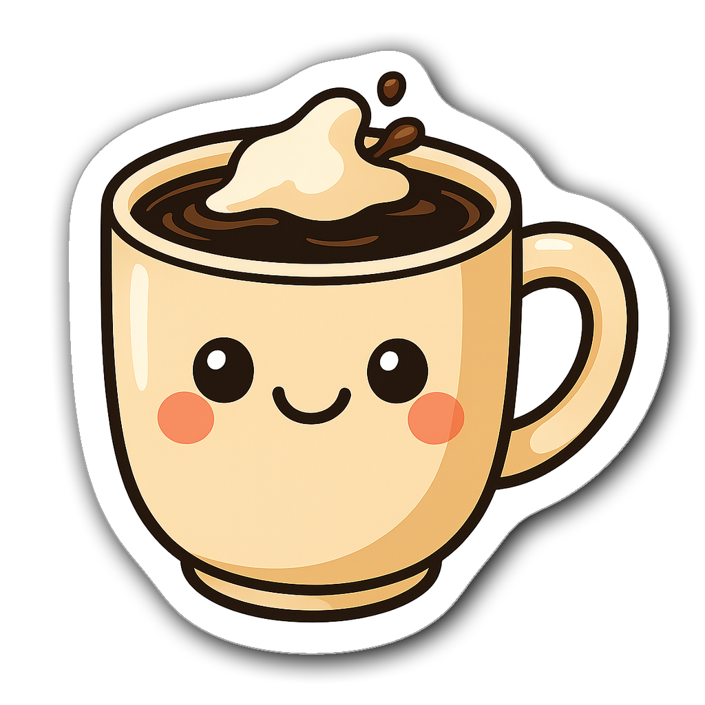 Adorable smiling coffee mug sticker with cartoon eyes and rosy cheeks
