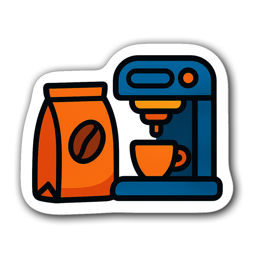 A sticker depicting a cozy coffee shop scene with a coffee bean bag and espresso machine
