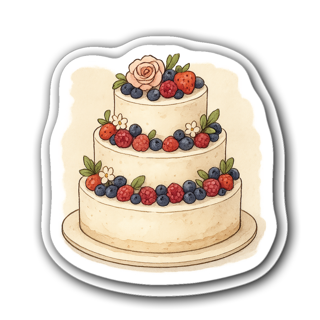 Elegant tiered cake with berries and flowers illustration