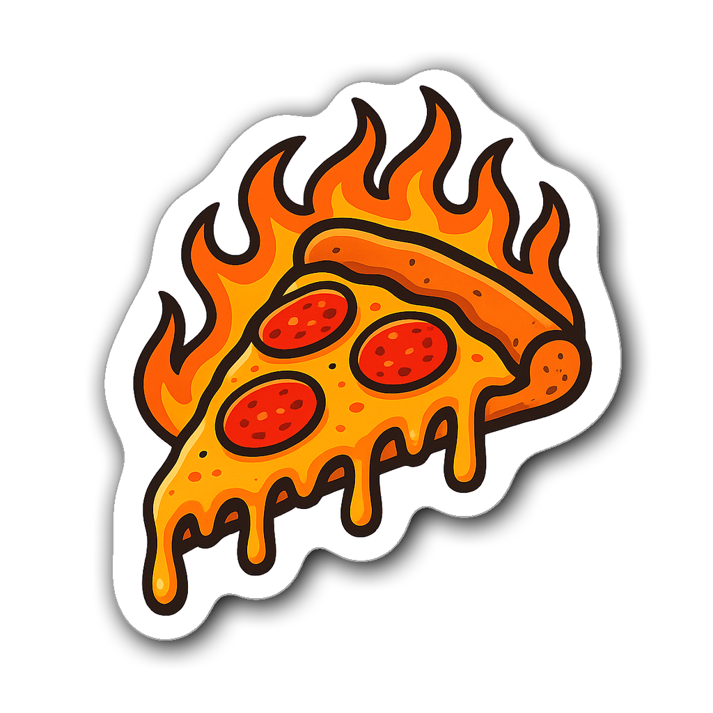 Vibrant pepperoni pizza sticker with flames and bright colors.