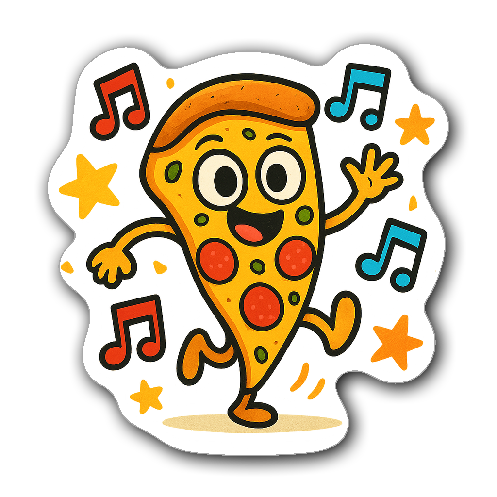 Cute anthropomorphic pizza slice dancing with music notes and stars.