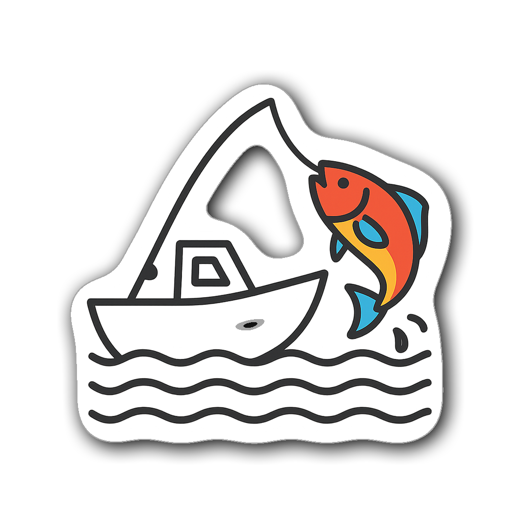 Minimalist fishing boat line art sticker with vibrant fish