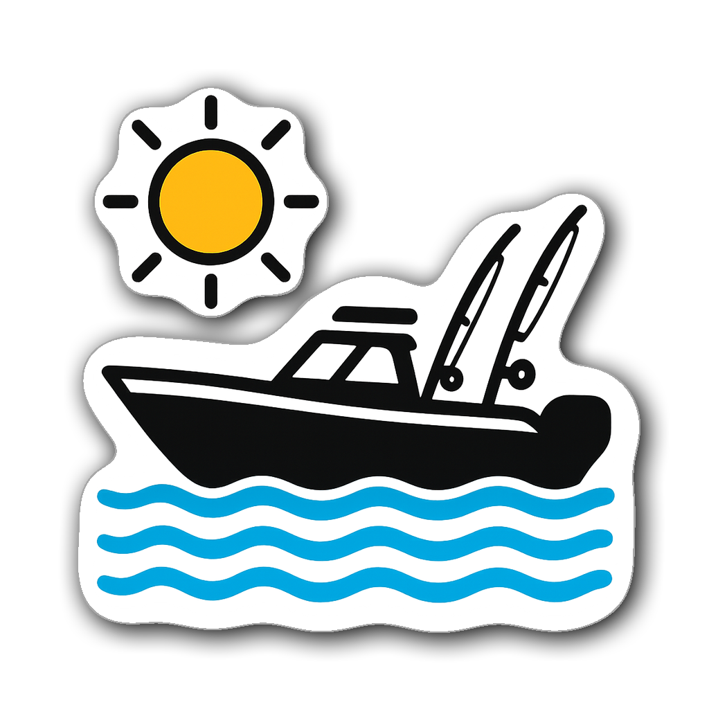 Minimalist fishing boat sticker with vibrant colors and sun