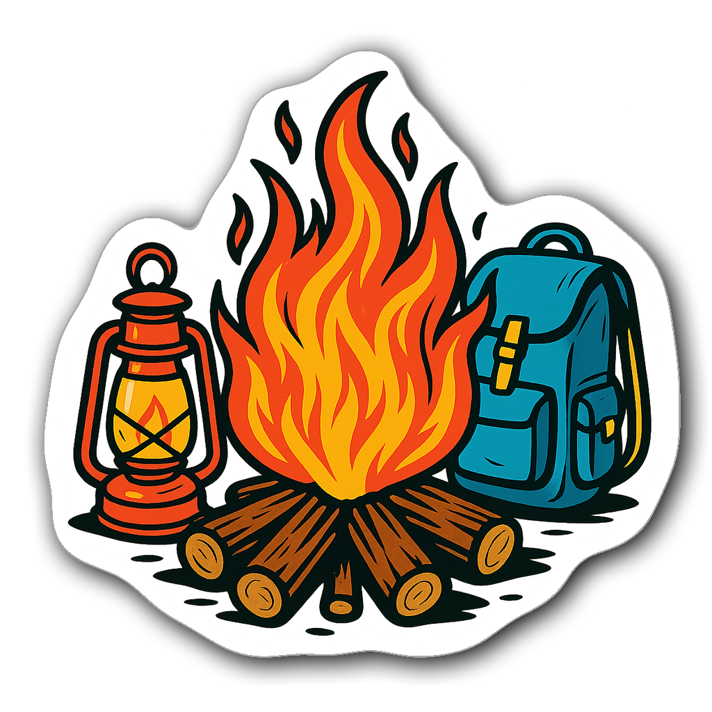 Comic book style campfire sticker with camping gear