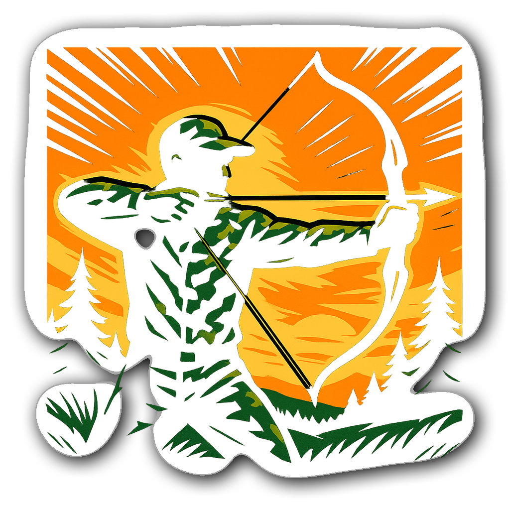 Comic book style hunting decal with hunter silhouette and sunset