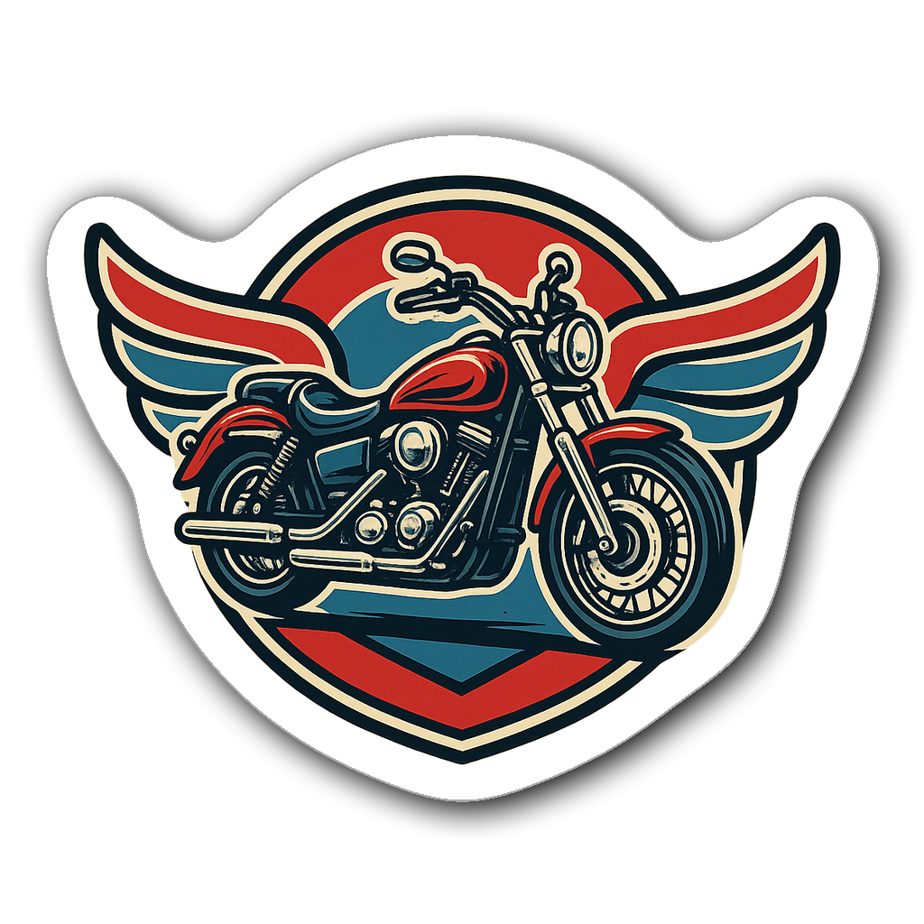 Retro motorcycle badge sticker with chrome accents and wings