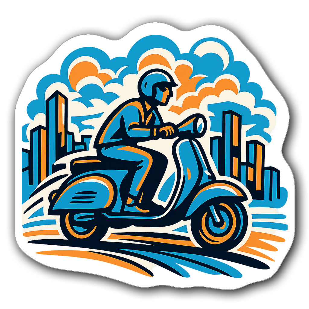 Vespa scooter riding through an abstract cityscape