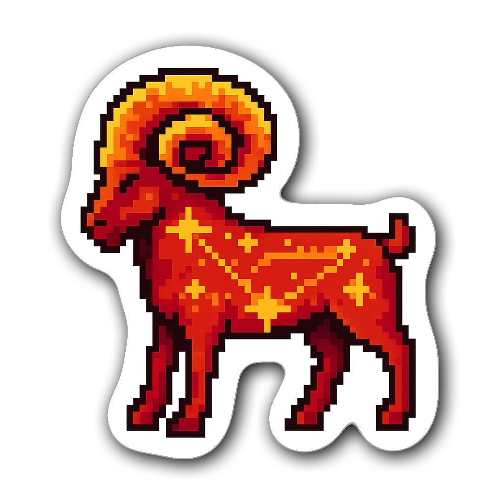 8-bit pixel art Aries Zodiac sticker in fiery reds and golds