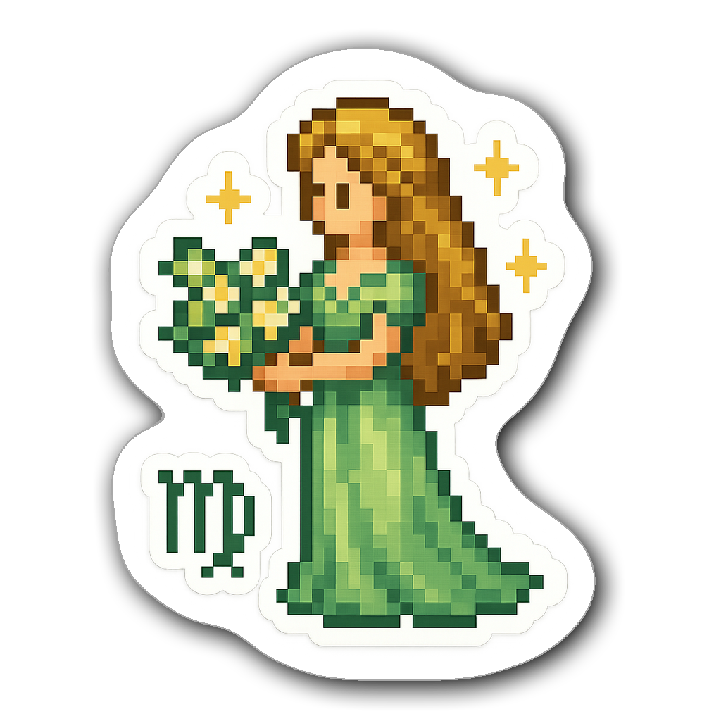 Virgo Zodiac die-cut sticker featuring pixel art maiden