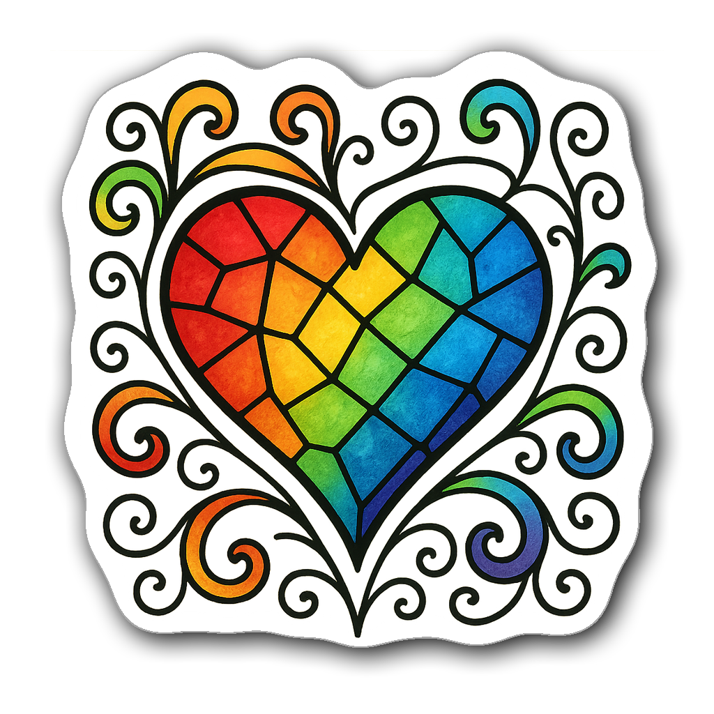 Vibrant stained glass heart sticker with rainbow colors