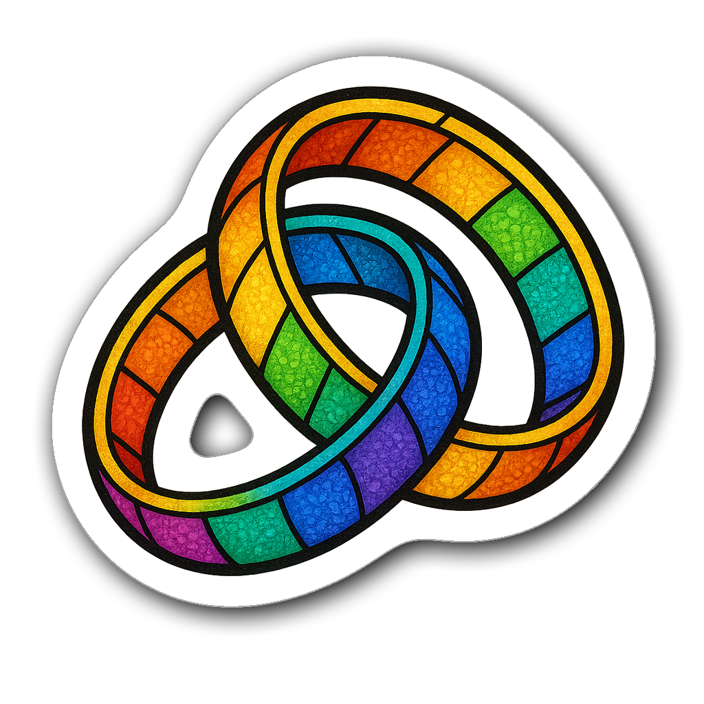 Stained glass sticker of intertwined wedding rings in rainbow colors