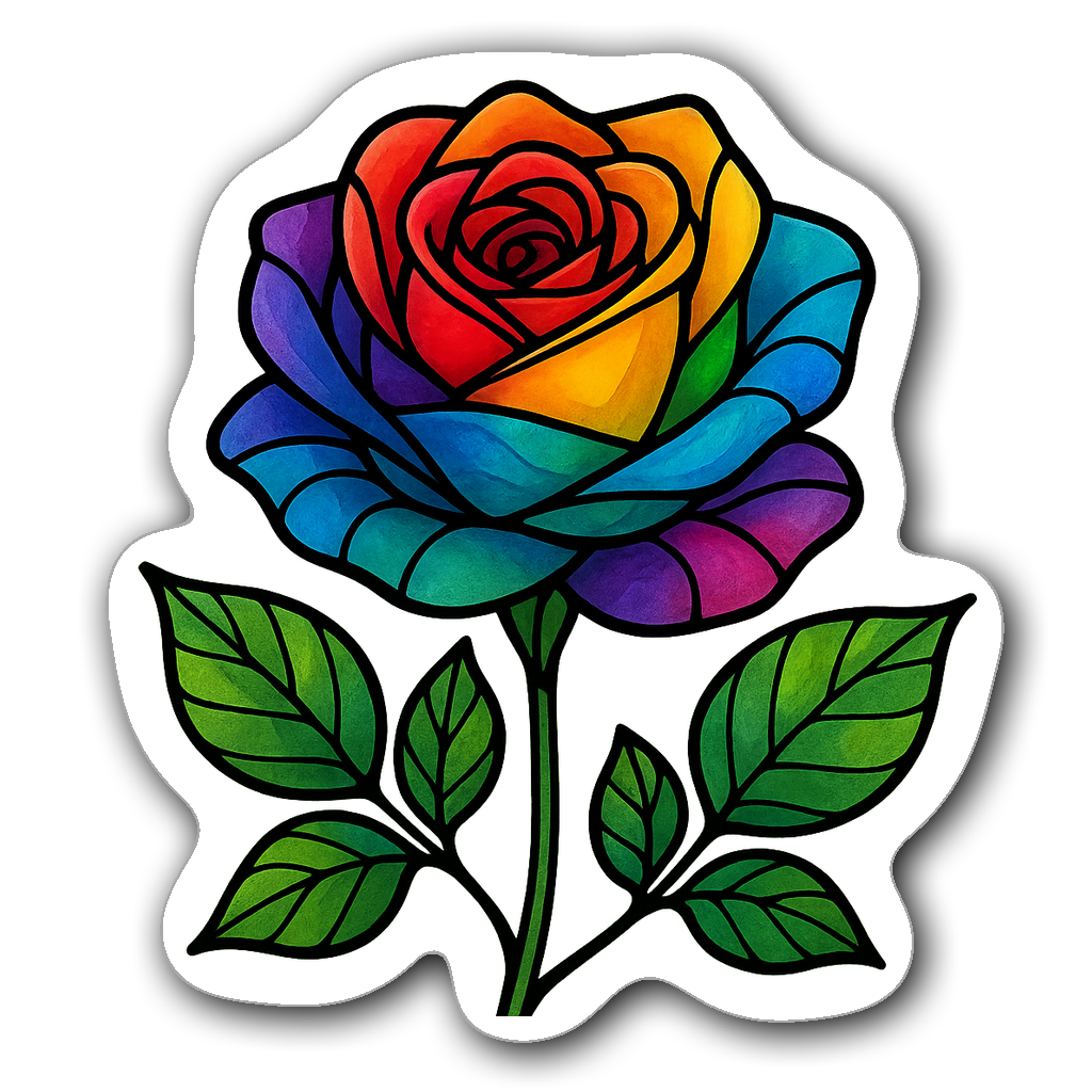 Vibrant stained glass rose sticker with rainbow colors