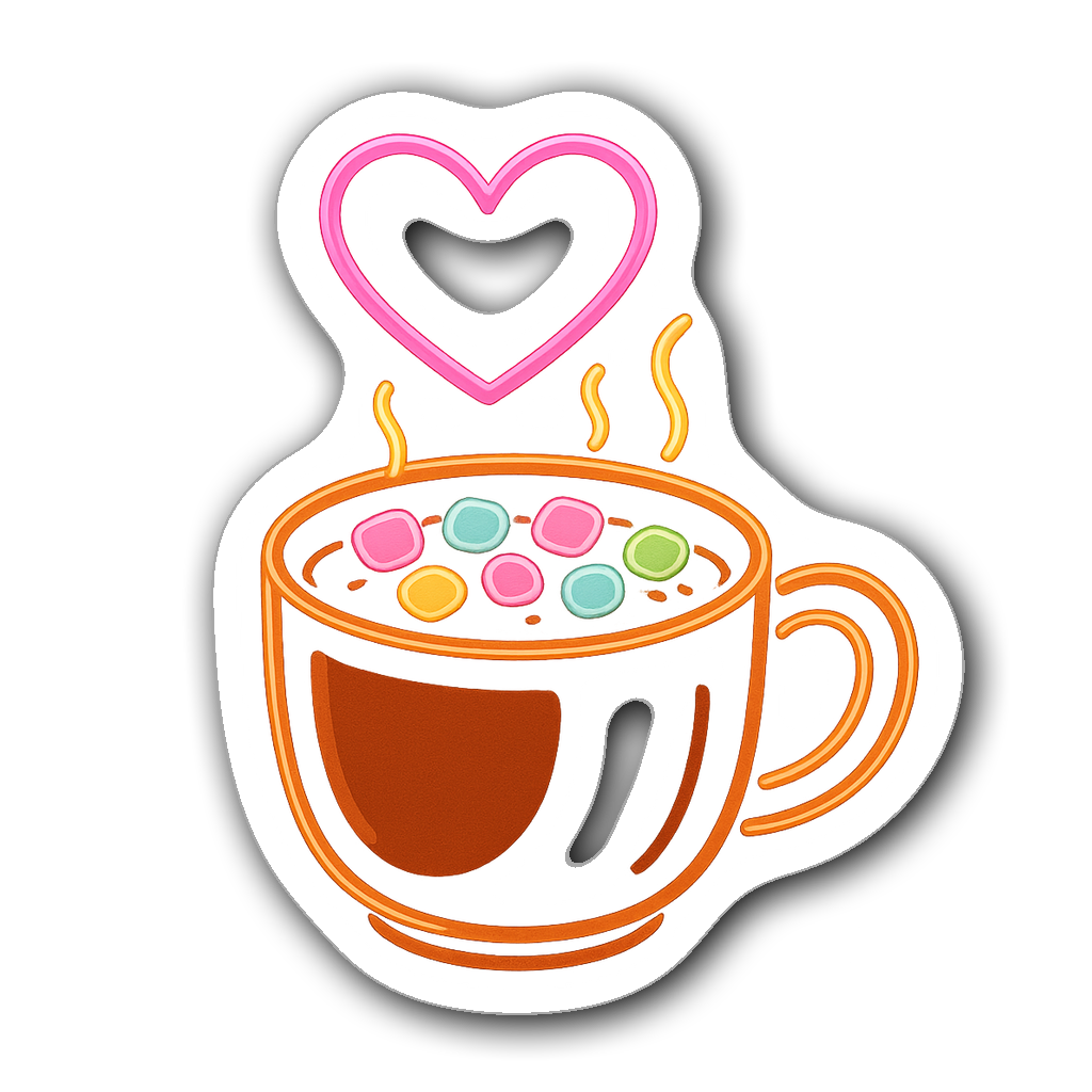 Cute hot cocoa sticker with neon glow and heart