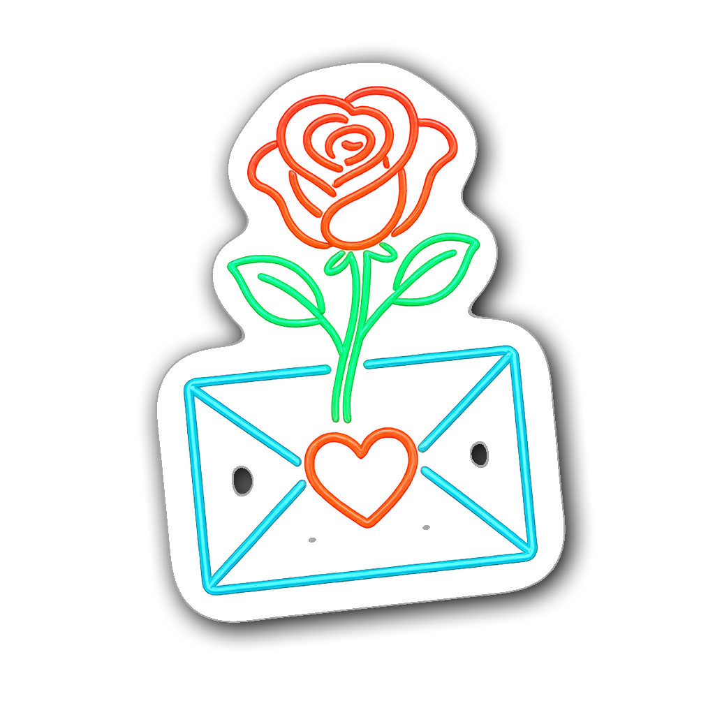 Neon glowing rose above a love letter with a wax stamp