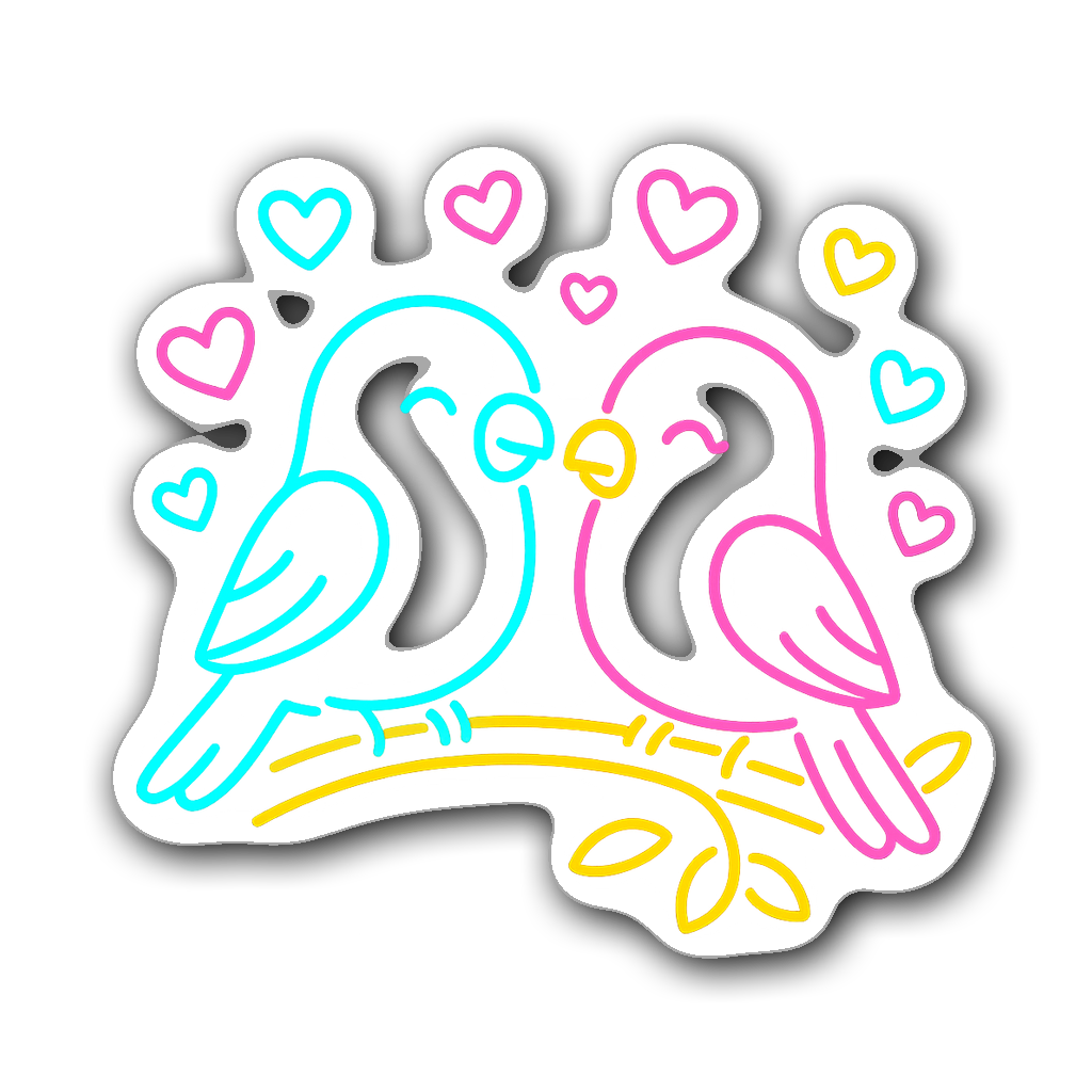 Neon outline lovebirds on a branch with glowing hearts