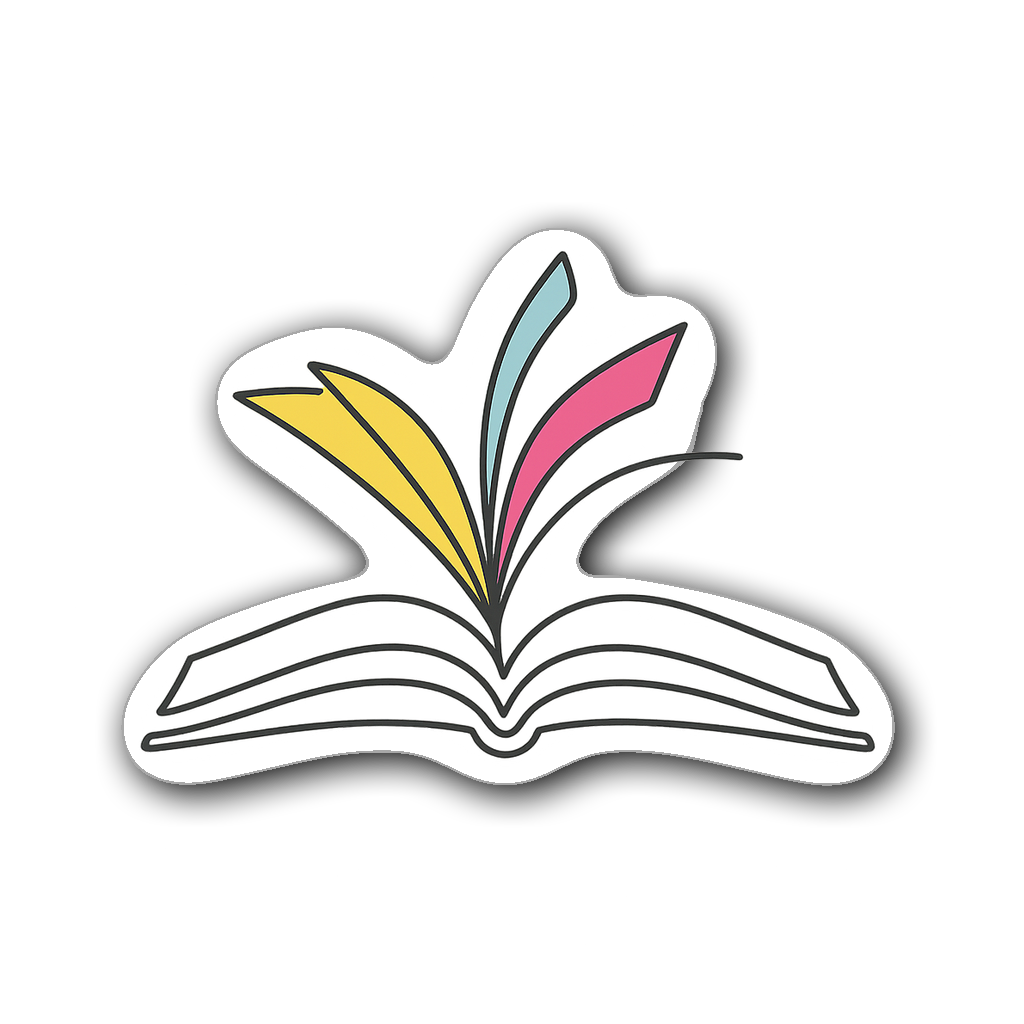 Minimalist open book sticker with colorful pages in line art.
