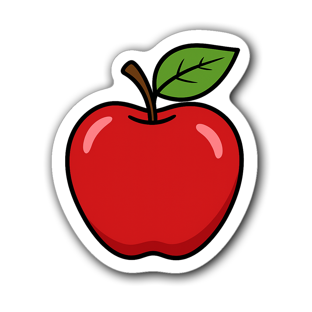 Minimalist apple sticker with green leaf on transparent background