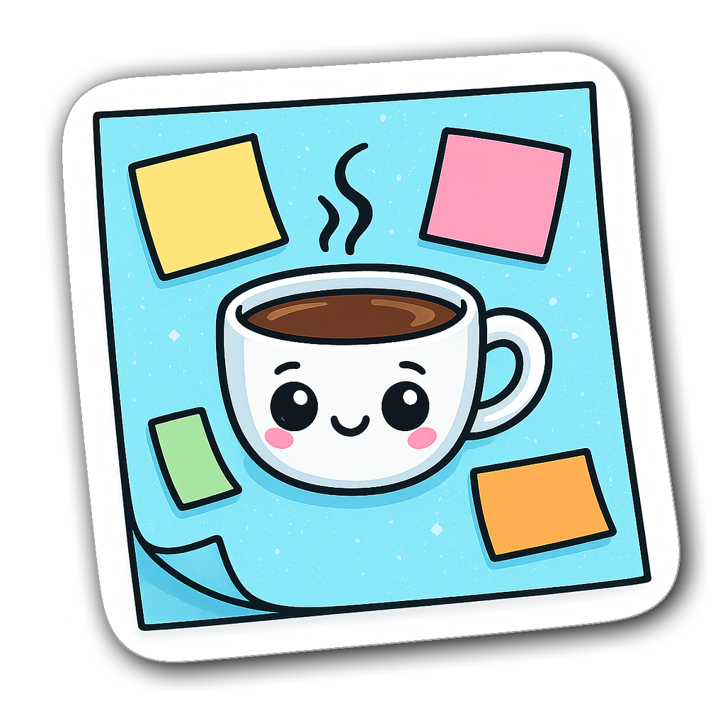 Cute coffee cup character on a sparkling blue sticky note