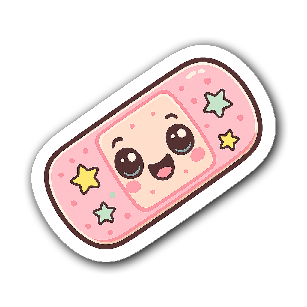 Cute cartoon bandaid character with sparkly eyes and stars