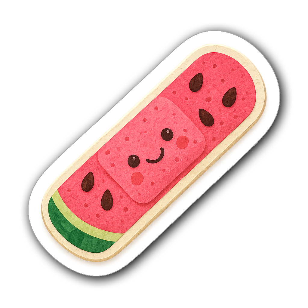 Whimsical watermelon slice band-aid sticker with a smiling face