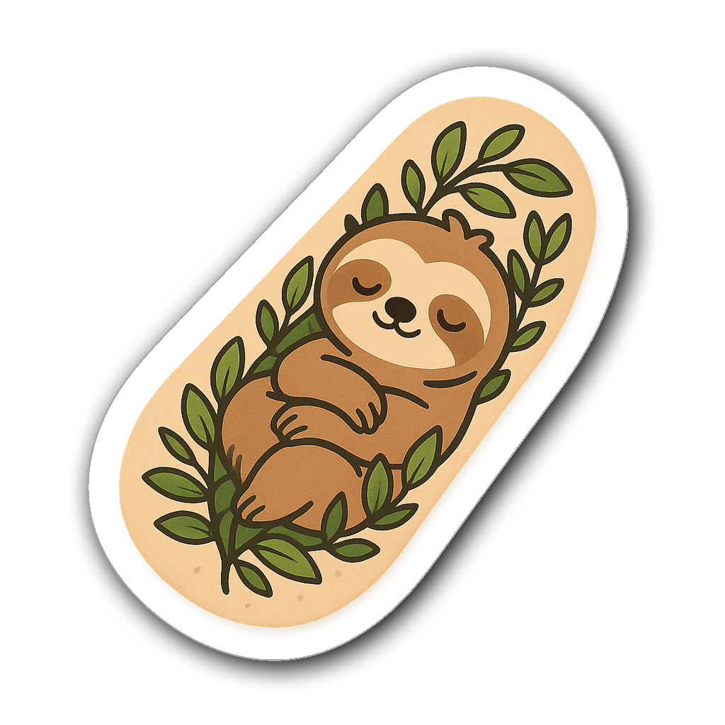 Sloth bandaid sticker with leafy vines and serene expression