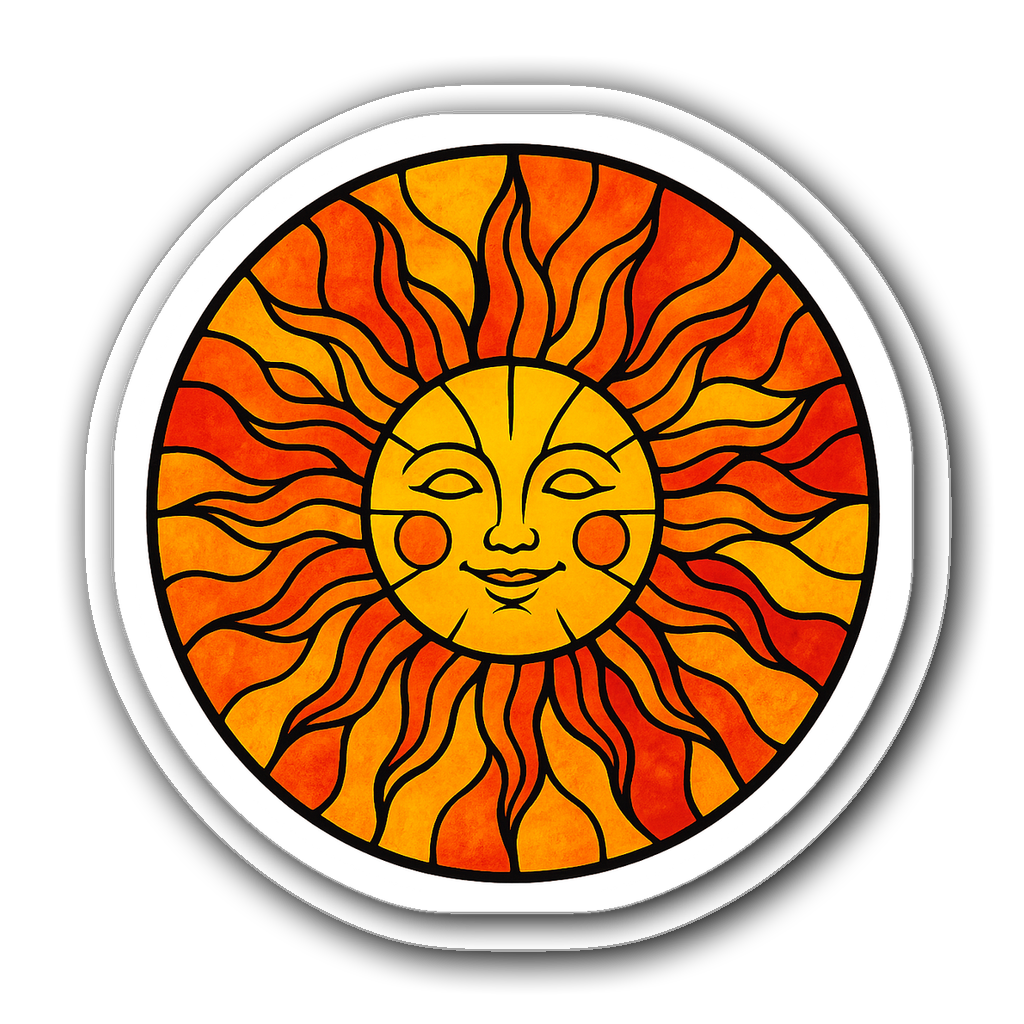 Whimsical stained glass window decal of a radiant sun