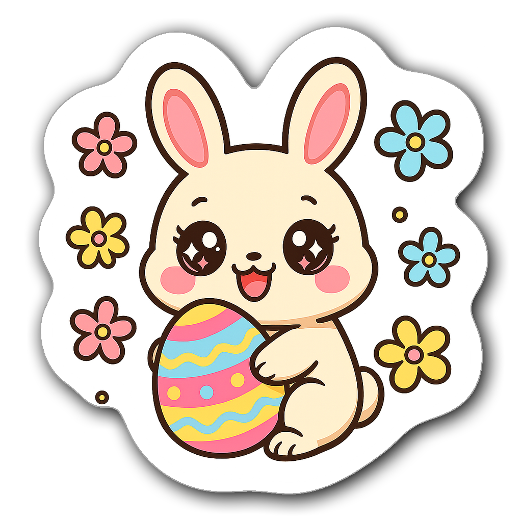 Kawaii chibi bunny holding colorful Easter egg with flowers