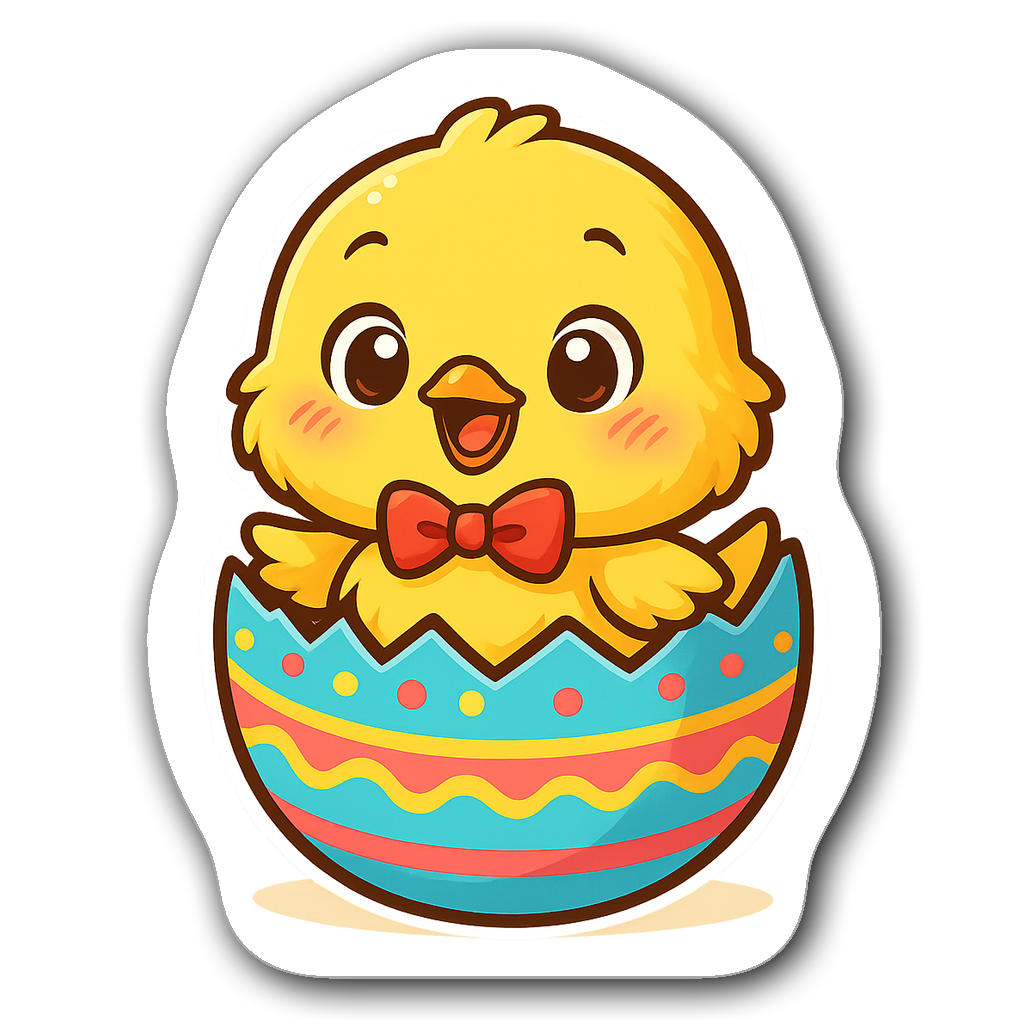 Kawaii chibi chick hatching from a decorative Easter egg