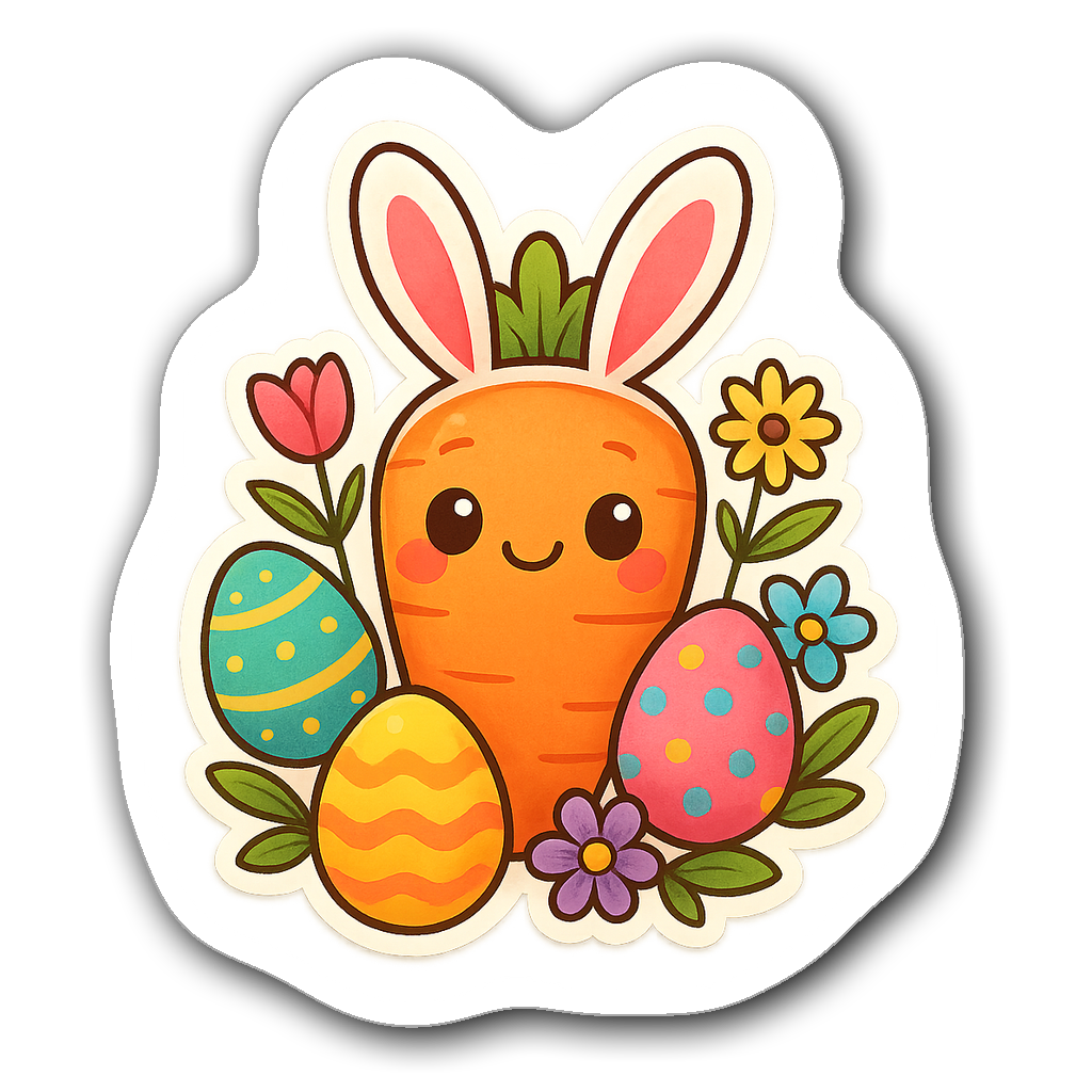 Kawaii chibi sticker of a smiling carrot with bunny ears and eggs