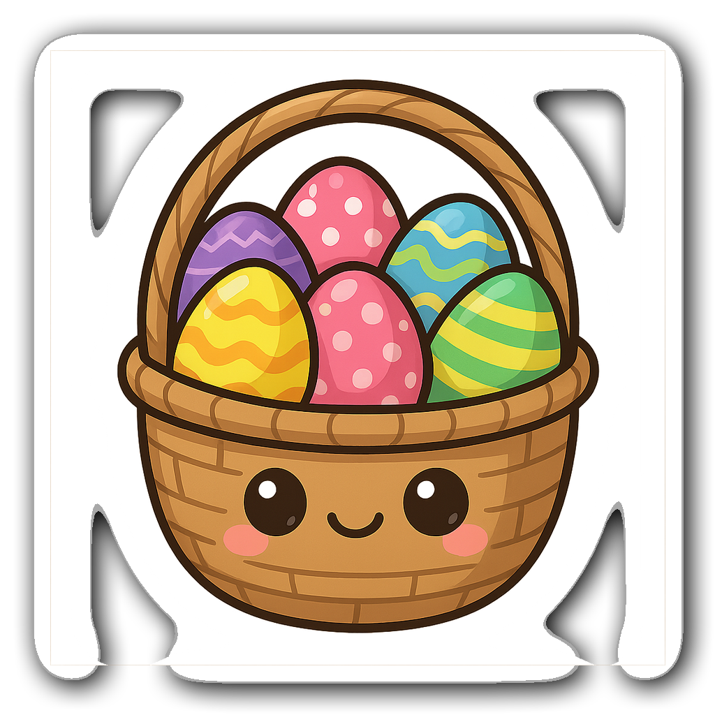 Kawaii chibi basket overflowing with colorful Easter eggs