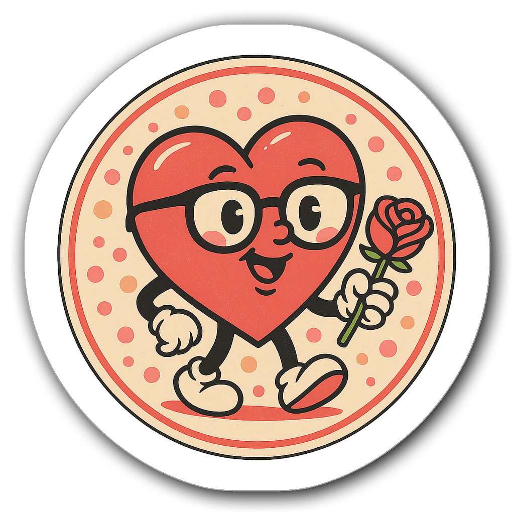 Retro vintage badge sticker featuring a heart character with glasses
